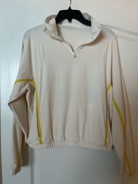 Cream Quarter-Zip Active Pullover with Chartreuse Trim and Pockets